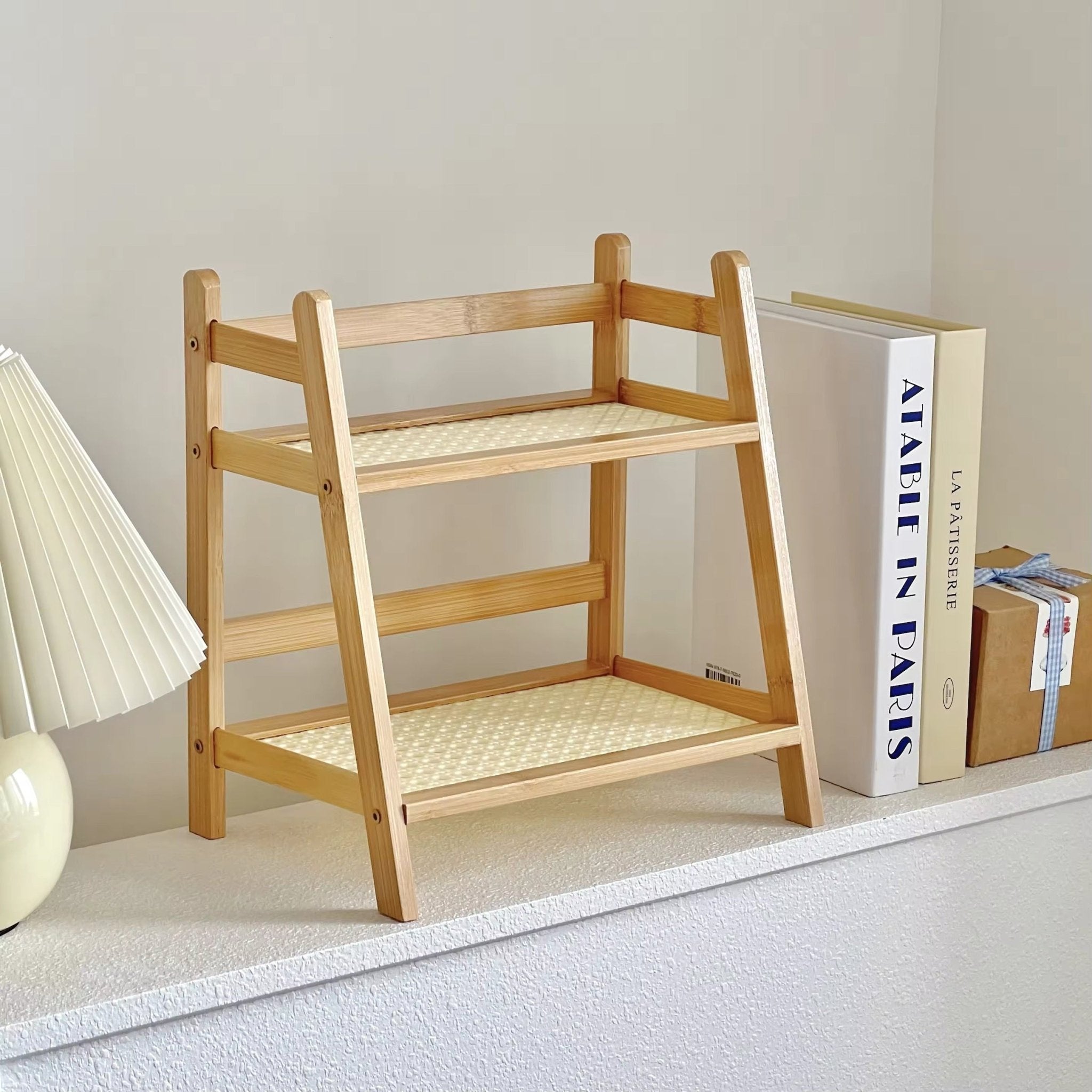 Wooden rattan shelf for office supplies