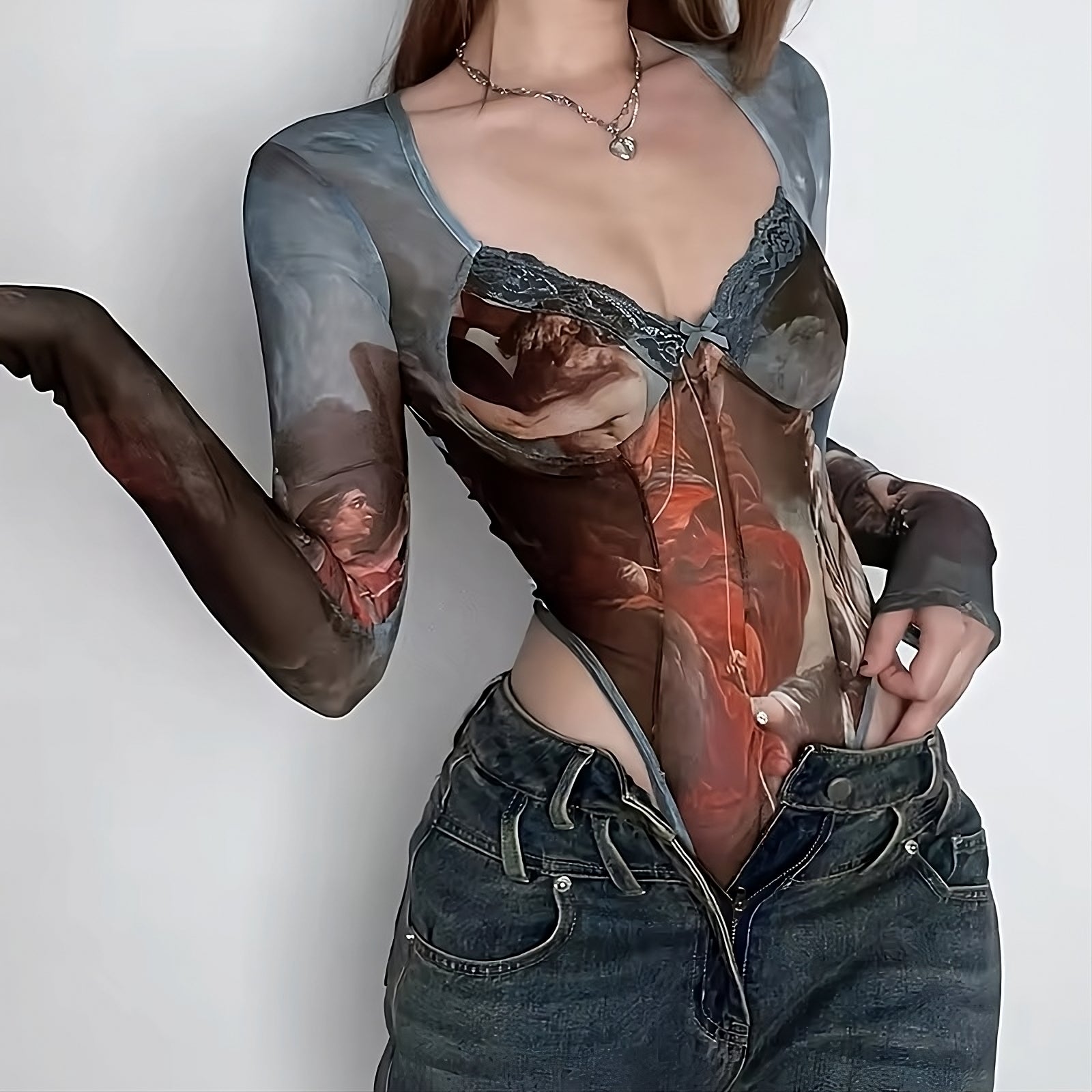 Y2K aesthetic long sleeve mesh bodysuit with gothic oil painting print