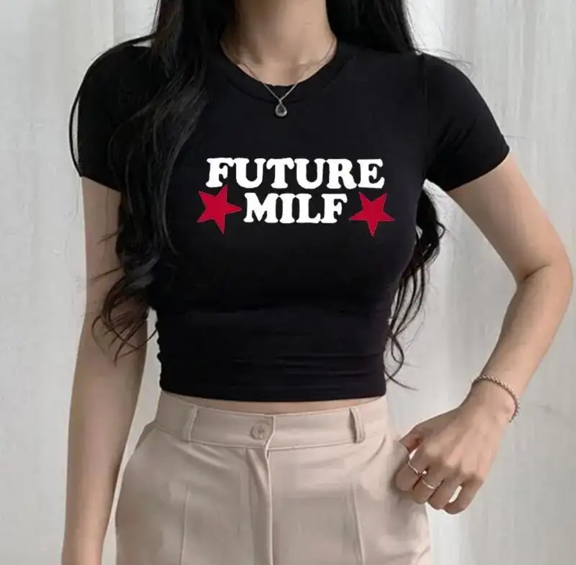 Y2K crop top with Future MILF slogan, ideal for vintage aesthetic