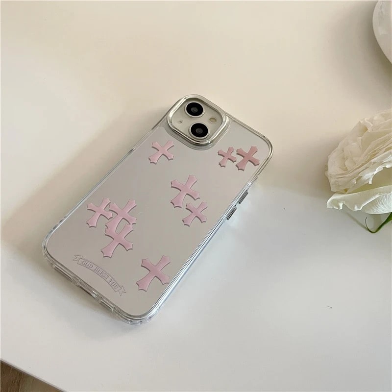Y2K Aesthetic Goth Phone Case with Pink Cross Design