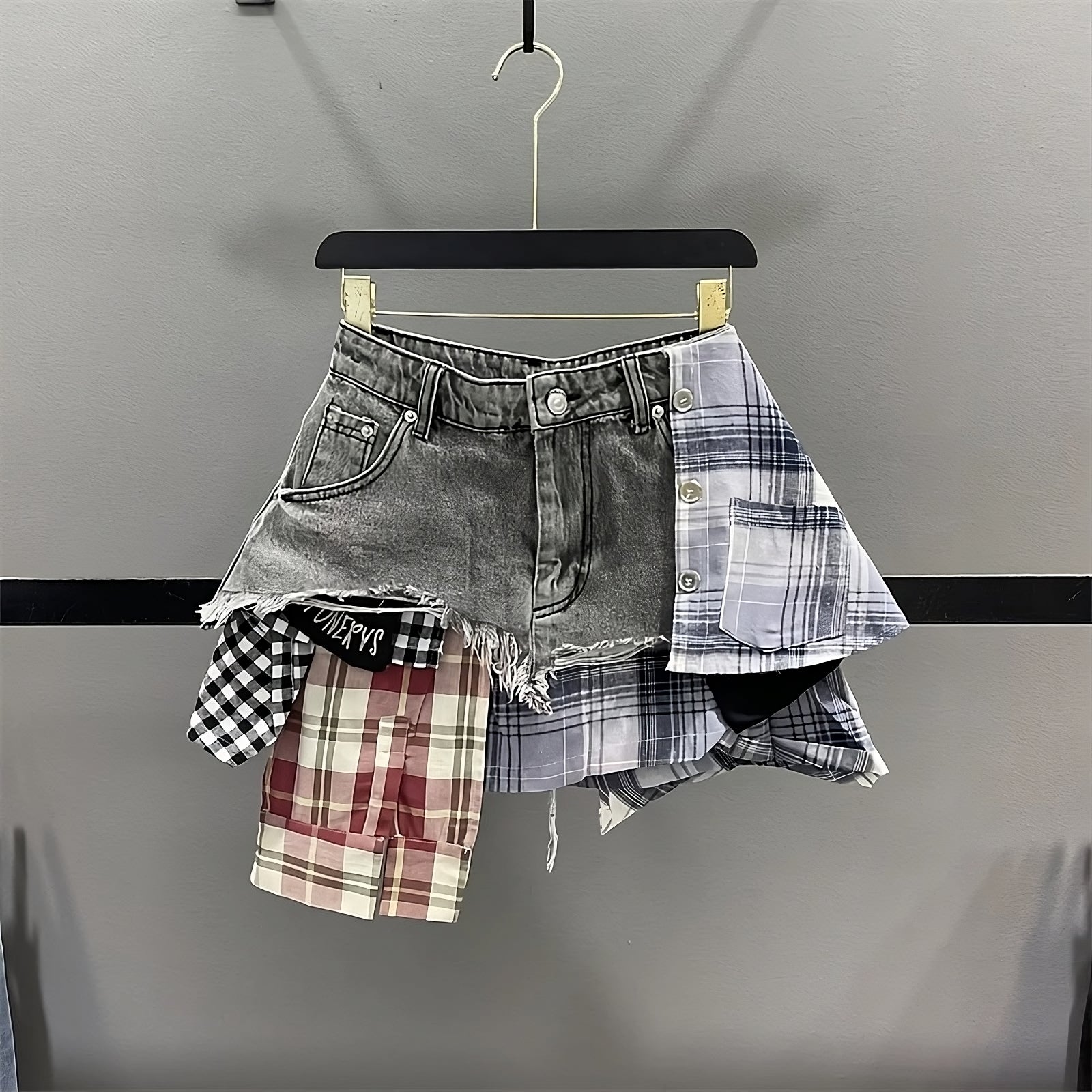 Asymmetrical Y2K Denim Skirt with Plaid Patchwork Mini Skirt – The
