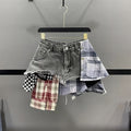 Y2K Skirt Denim - High Waist Mini Skirt with Plaid Splice Details