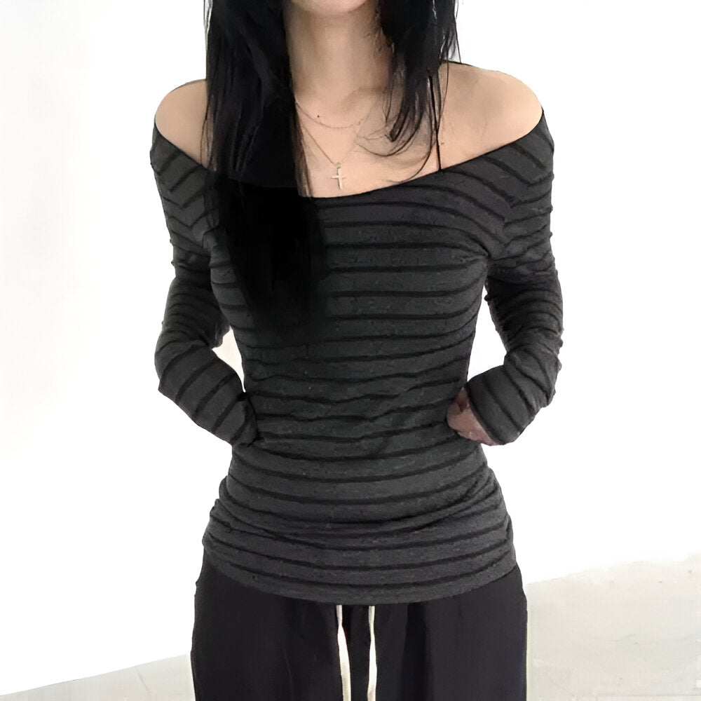 Y2K slim-fit off-shoulder black long sleeve striped shirt