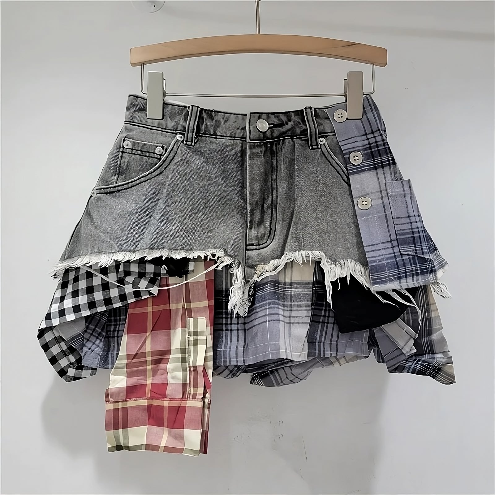 Asymmetrical Y2K Denim Skirt with Plaid Patchwork Mini Skirt – The