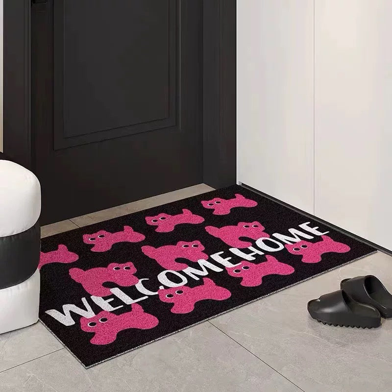 Cute cartoon pink cat floor mat for aesthetic home or dorm decor