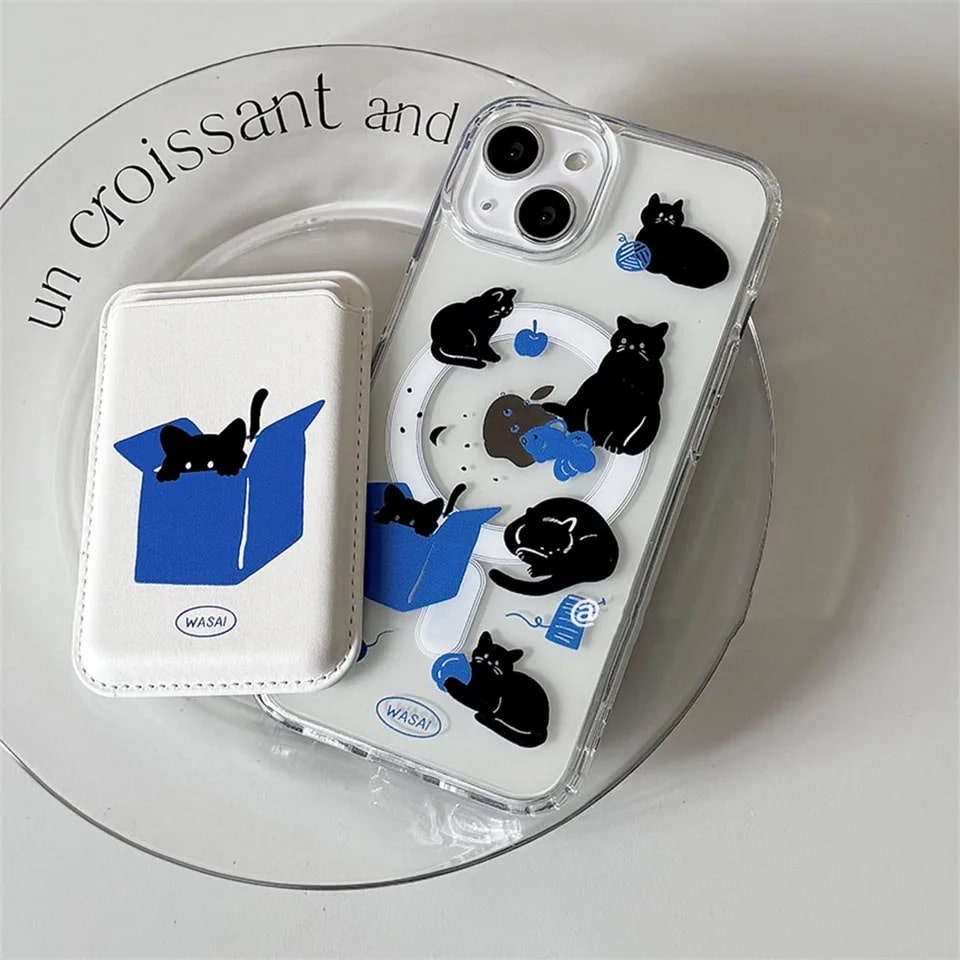 Y2K Cat iPhone Case with wallet and Magsafe compatibility. Soft silicone protective cover for iPhone 15, 14, 13, and other models.