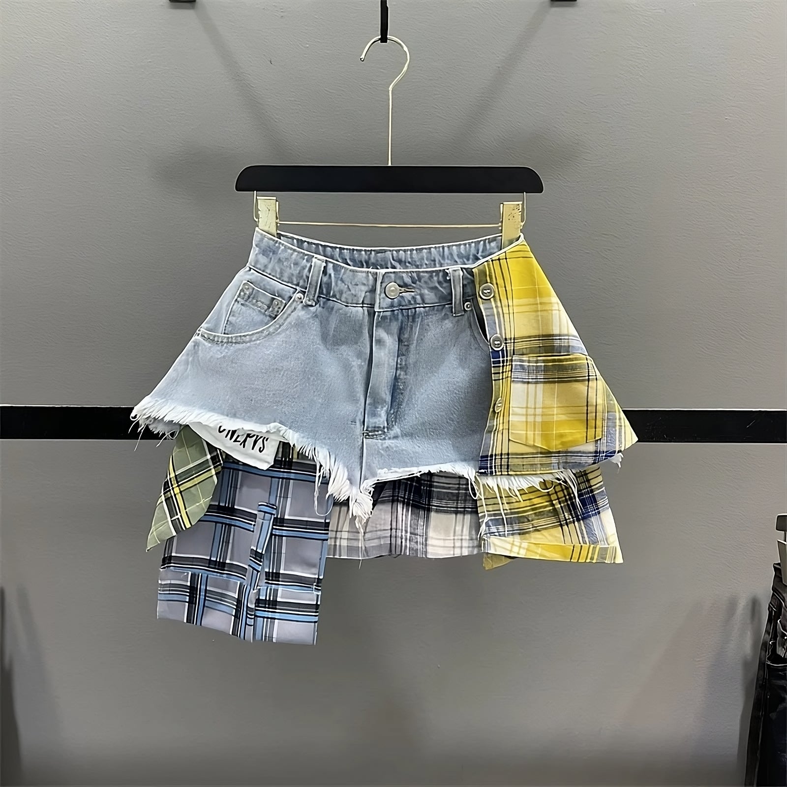 Asymmetrical Y2K Denim Skirt with Plaid Patchwork Mini Skirt – The