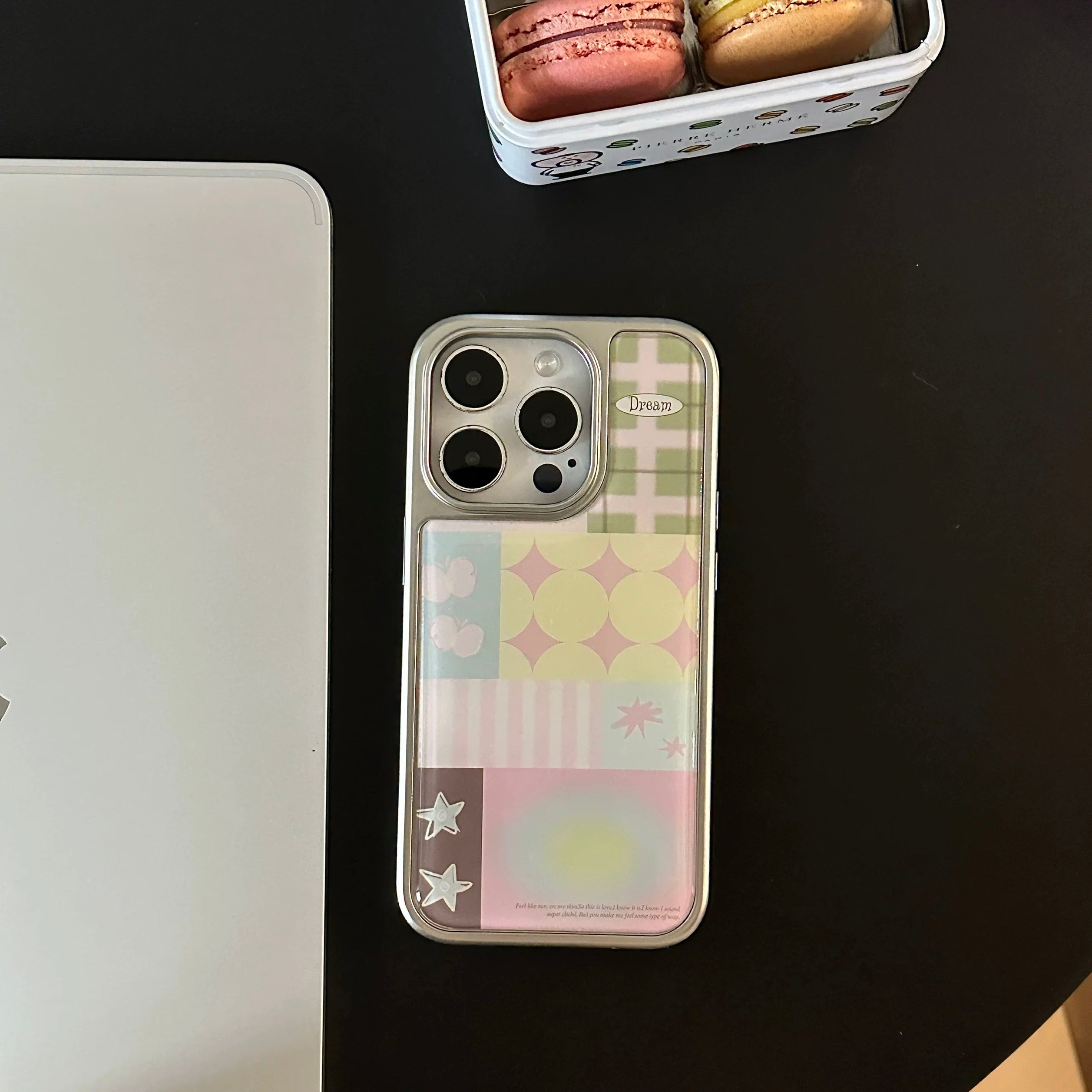 Patchwork design iPhone case in soft pastel tones – perfect for Y2K fashion fans