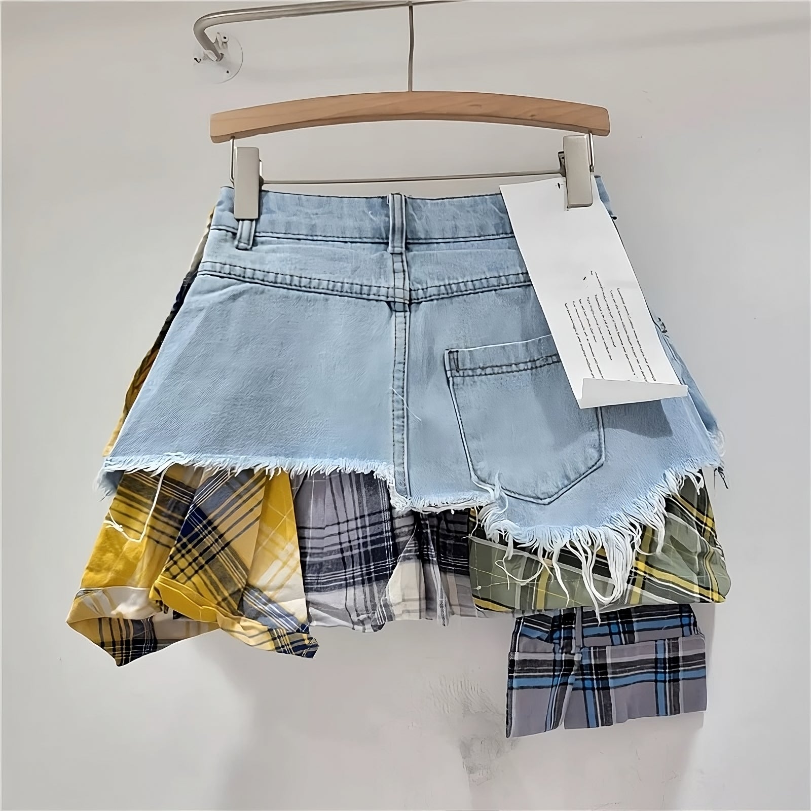 Cute Y2K Denim Mini Skirt - Blue Plaid Spliced A-line Skirt for Summer