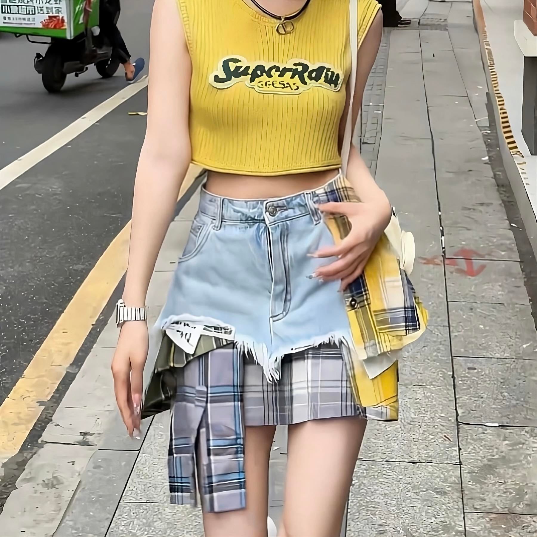 Asymmetrical Y2K Denim Skirt with Plaid Patchwork Mini Skirt – The