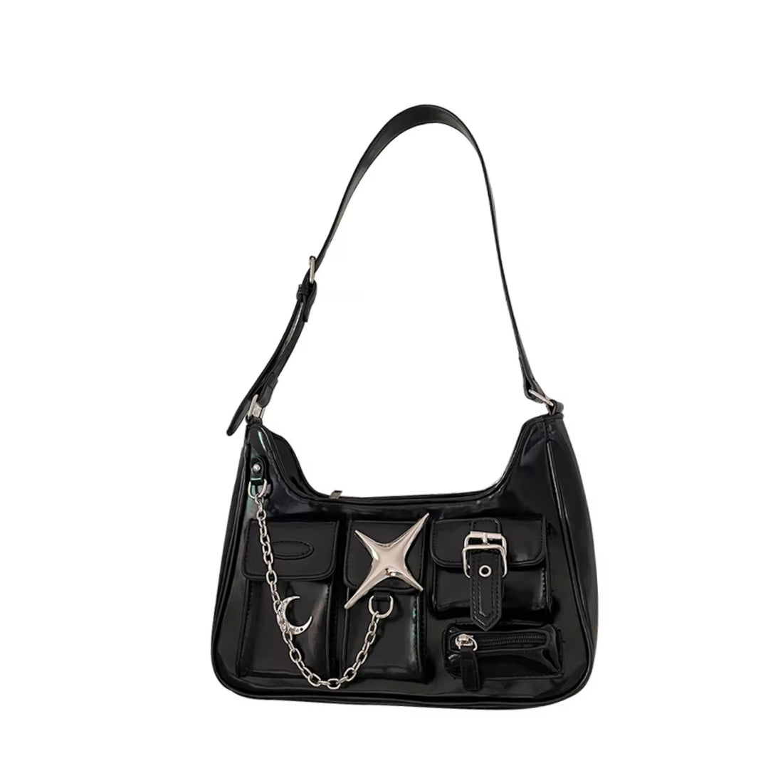 Y2K gothic shoulder bag with black chains and PU leather