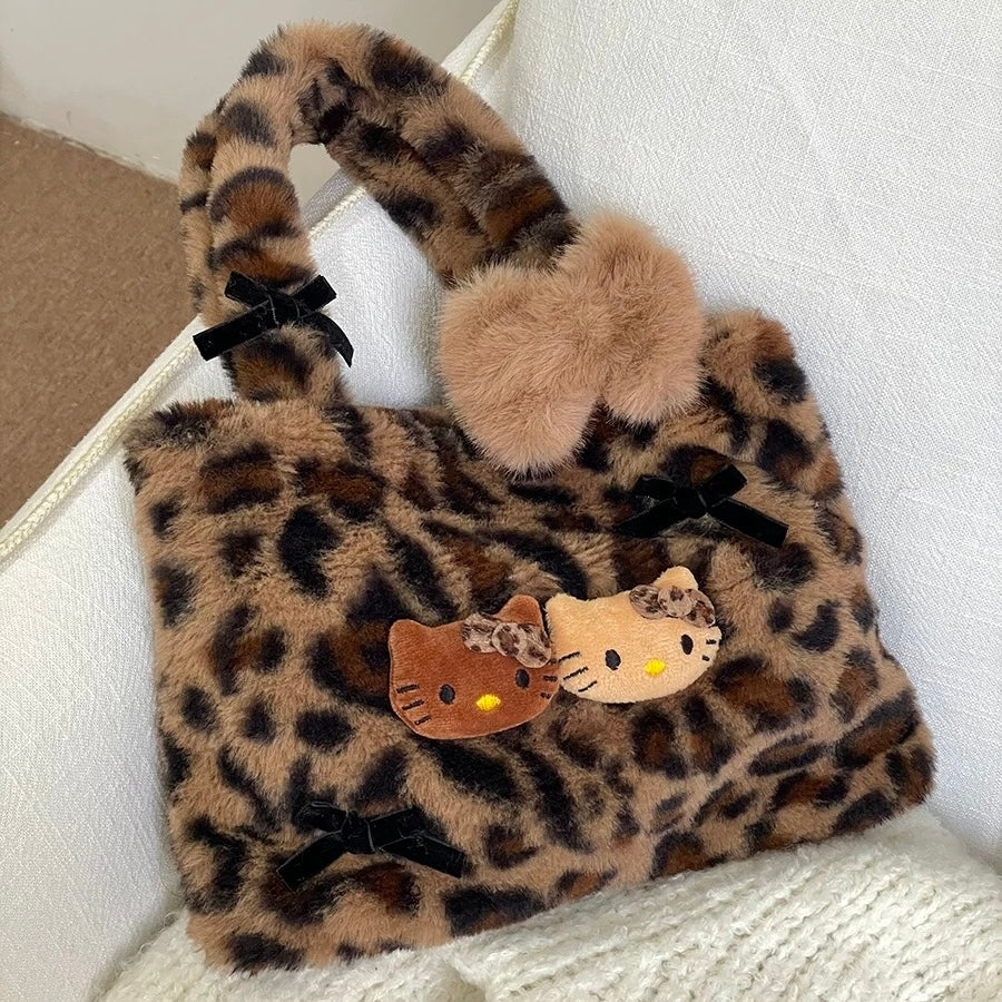 Harajuku Style Hello Kitty Plush Leopard Print Handbag