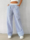 High-waist blue striped pants with elastic waist for women