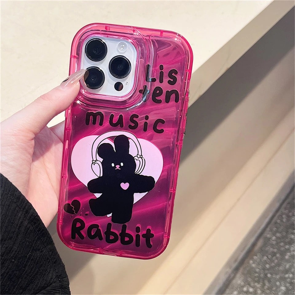 Y2K Musical Bunny Phone Case – Pink Wavy Pattern Cover for iPhone Models