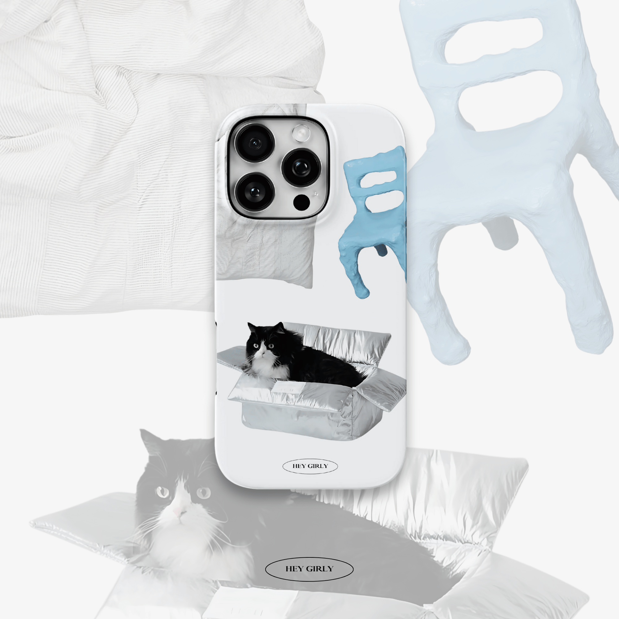 Phone case with a cat design, surrounded by cat-themed products on a white background