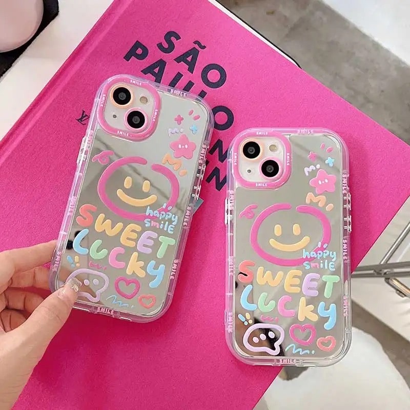 Y2K Sweet iPhone case with heart mirror and graffiti design. Shockproof back cover for iPhone 11, 12, 13, 14, 15, and 16 Pro Max.
