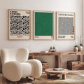 Yayoi Kusama abstract line dots canvas art. Black, beige, and green prints for modern wall decor in living room or cafe.