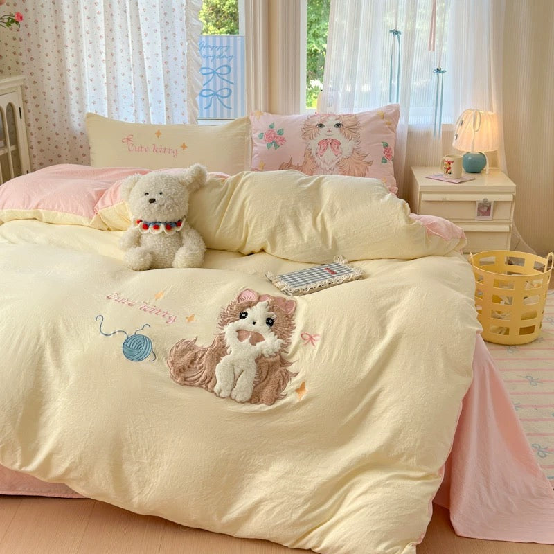 Bedding set with cartoon dog design in a bedroom setting
