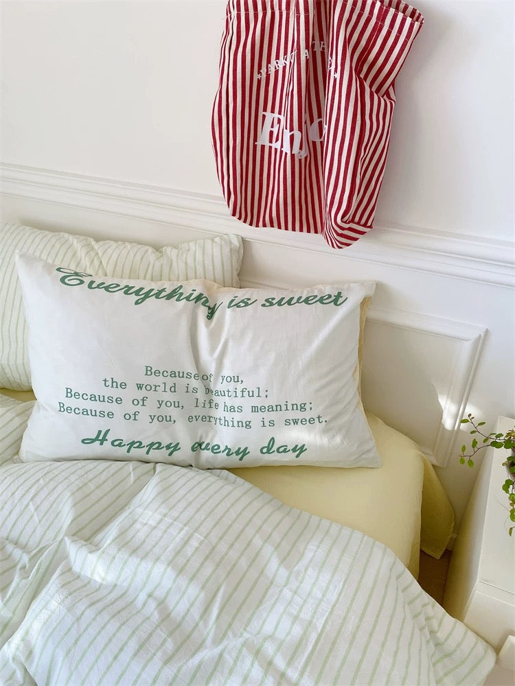 Decorative pillow with text on a bed with a red and white striped towel in the background.